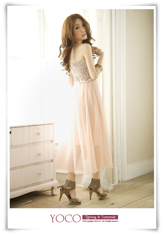 maxi dress ชุดเดรสยาวใส่ไปงานแต่งงาน เกาะอก สีชมพูโทนน้ำตาล กระโปรงตัดต่อผ้ามุ้ง ใส่ออกงาน น่ารักๆ สวยๆ Asia Street Fashion