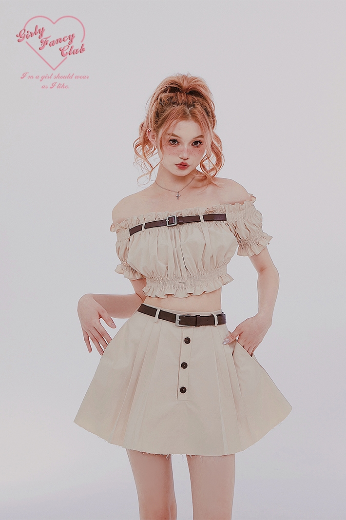 Girly Fancy Club : พรีออเดอร์ ชุดเซตแฟชั่น (ราคาแยกชิ้น) เสื้อเปิดไหล่แขนสั้นแต่งสายรัดสม็อคเข้ารูป / กระโปรงชายรุ่ย แบรนด์แท้
