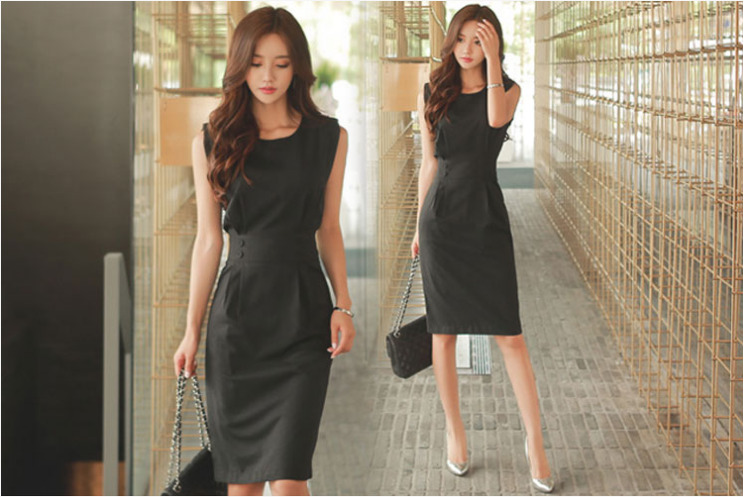 ชุดเดรสทำงานสีดำ ทรงเข้ารูป แขนกุด แนวเรียบร้อย สวย ดูดี แฟชั่นทำงานสไตล์สาวออฟฟิศ