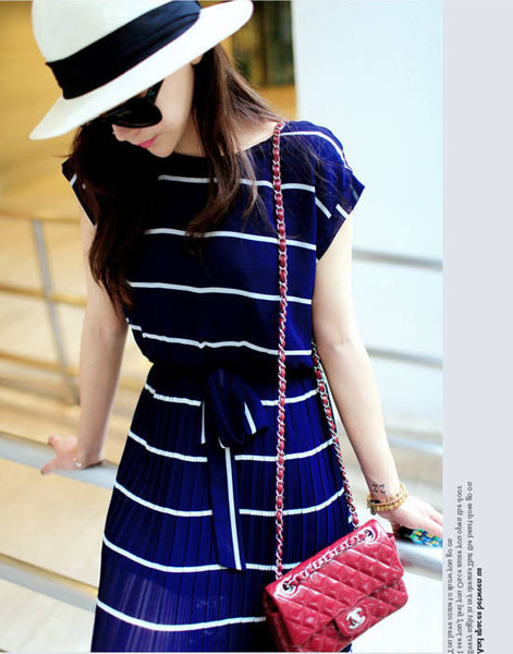 maxi dress ชุดเดรสยาวกระโปรงอัดพลีท ผ้าชีฟอง สีน้ำเงิน จั๊มเอว ใส่เที่ยว เท่ห์ๆ Asia Street Fashion