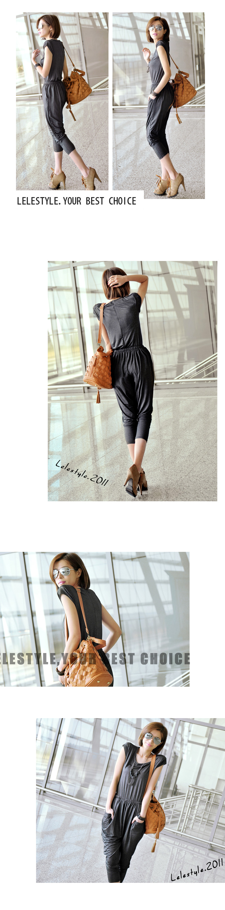 jumpsuit ชุดเอี๊ยมกางเกงขาห้าส่วน สีเทาเข้ม แขนสั้น แฟชั่นใส่เที่ยว ใส่ทำงาน ผ้ายืด กระเป๋าข้าง