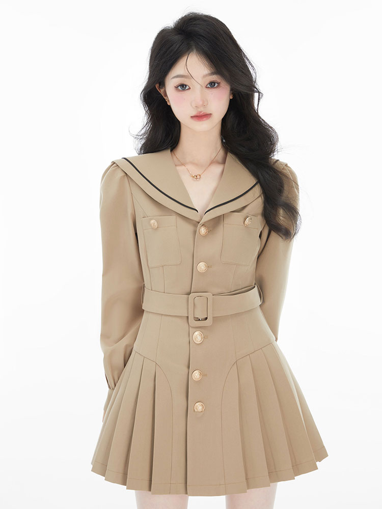 Acaine : พรีออเดอร์ เดรสแฟชั่นแขนยาวสไตล์เกาหลีติดกระดุมหน้า ด้านหลังปกกะลาสี มีให้เลือก 2สี แบรนด์แท้