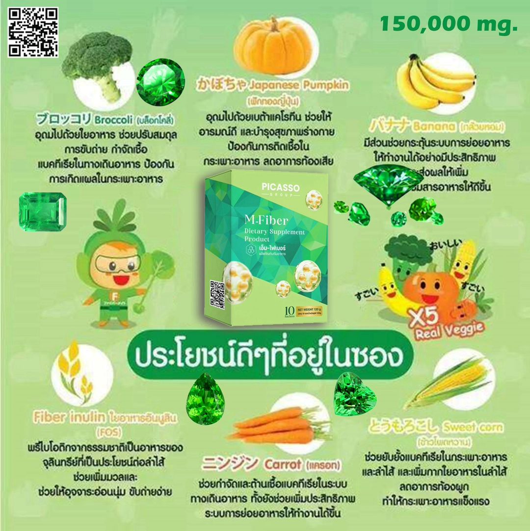 M-Fiber ไฟเบอร์จากผักผลไม้และธัญพืช (น้ำมรกต) 1 กล่อง / 10 ซอง