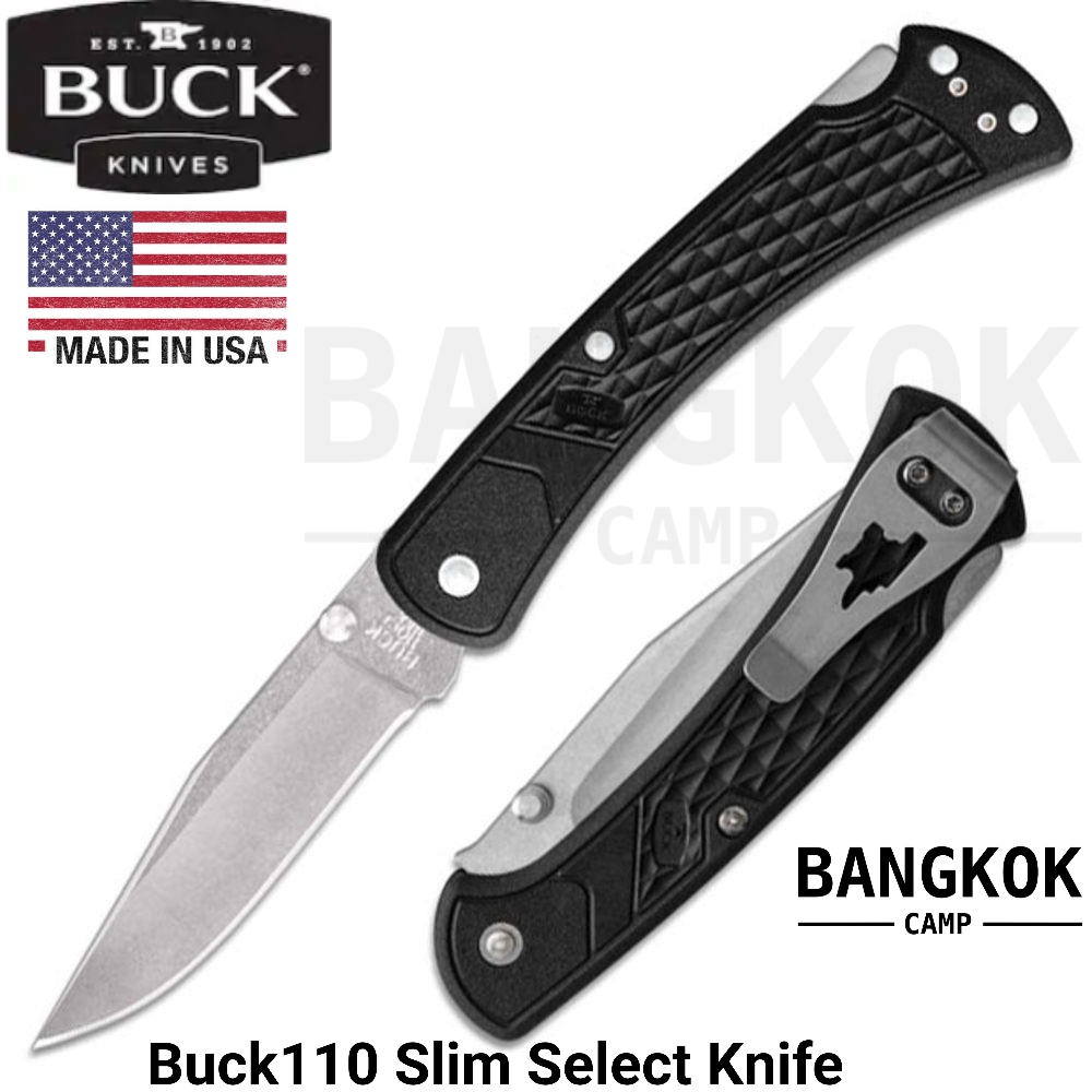 มีดพับ Buck110 Slim Select Folding Hunter 3.75" Plain Blade, Black GFN Handles, Deep Carry Pocket Clip - 11878
