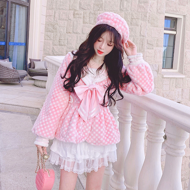 Summer Joy : พรีออเดอร์ ชุดเซ็ทเสื้อแจ็คเก็ตขนมิงค์นุ่มสีชมพูน่ารักๆ ปกกะลาสี และ กระโปรงขนนุ่มสีขาว (ราคาแยกชิ้น) แบรนด์แท้