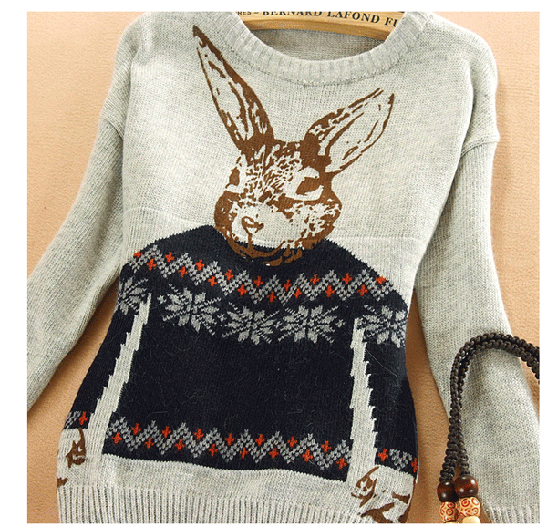 fashion เสื้อกันหนาวไหมพรม ลายกระต่าย คอกลม สีเทา ใส่เที่ยว น่ารักๆ