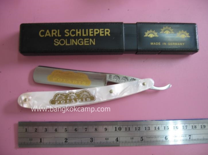 มีดโกน ตราตา 3ตา เยอรมัน CARL SCHLIEPER SOLINGEN ใบสแตนเลสใหญ่ ด้ามมุก MADE IN GERMANY ใหม่เก่าเก็บ หายาก กล่องพลาสติก+กระดาษห่อครบ