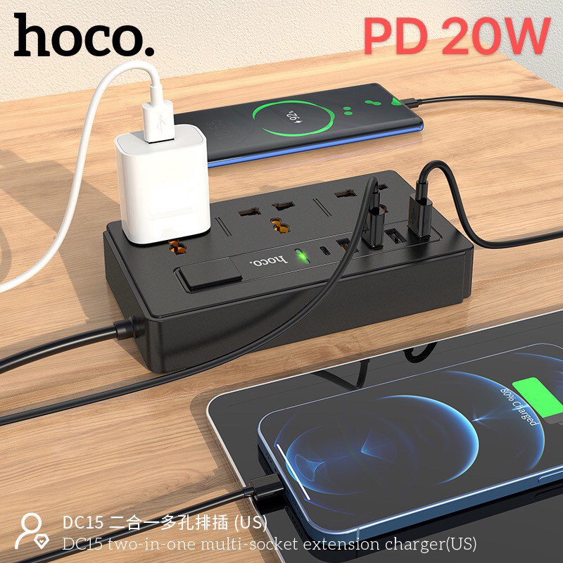 Hoco DC15 2in1 Multi-Socket Charger QC 3.0 PD 20W - รางปลั๊กไฟ ปลั๊กพ่วง 3 ช่อง และ USB 4 ช่อง PD 1 มีเทคโนโลยีชาร์จเร็วทั้ง PD 20W และ Quick Charge 3.0