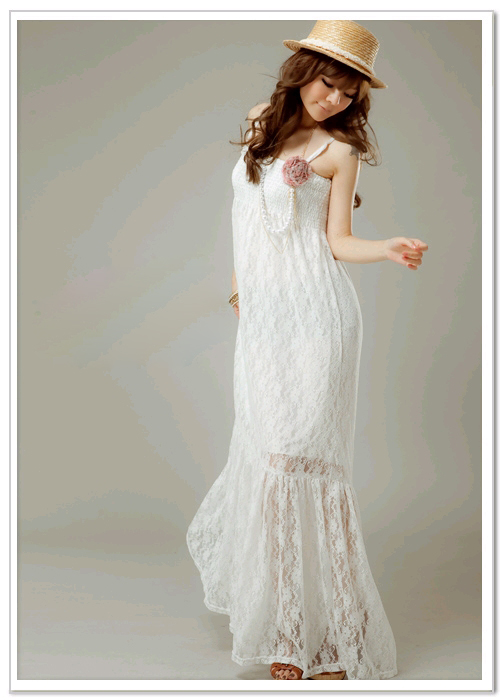 maxi dress ชุดเดรสยาวผ้าลูกไม้ สายเดี่ย; สม๊อกอก สีขาว ใส่ไปงานแต่งงาน น่ารัก ใส่ออกงาน สวยมาก Asia Street Fashion