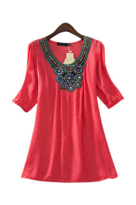 Siebel O-neck Sleeveless Slim Waist A-line Embroidered Mini DressS-XL Red (Intl)