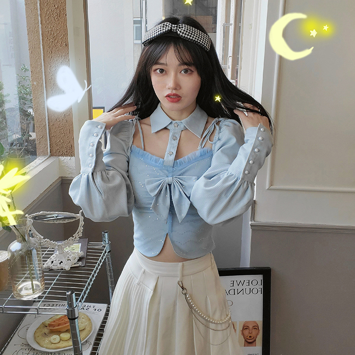 พรีออเดอร์ : เสื้อเชิ้ตแฟชั่นสีฟ้าลายตารางแขนยาว แต่งปกตามแบบ