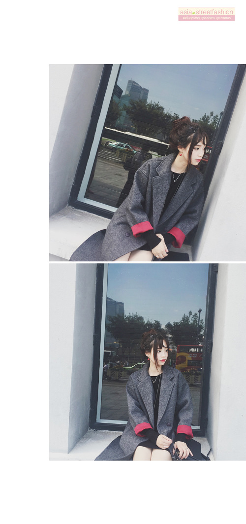 เสื้อโค้ททรงเก๋ ผ้าวูทรงแข็งเนื้อดี บุซับในกันลม แต่งพับแขนสีแดง ชายรุ่ย งานเก๋มาก พร้อมส่ง สีเทา