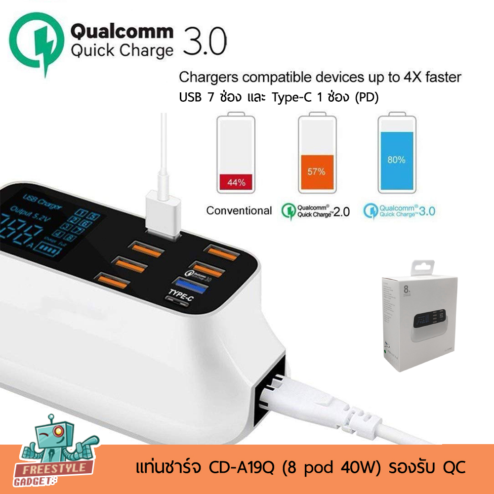 CD-A19Q USB Charger LCD 8 port 40W - แท่นชาร์จ USB 7 ช่อง รองรับ QC3.0, PD,Type-C