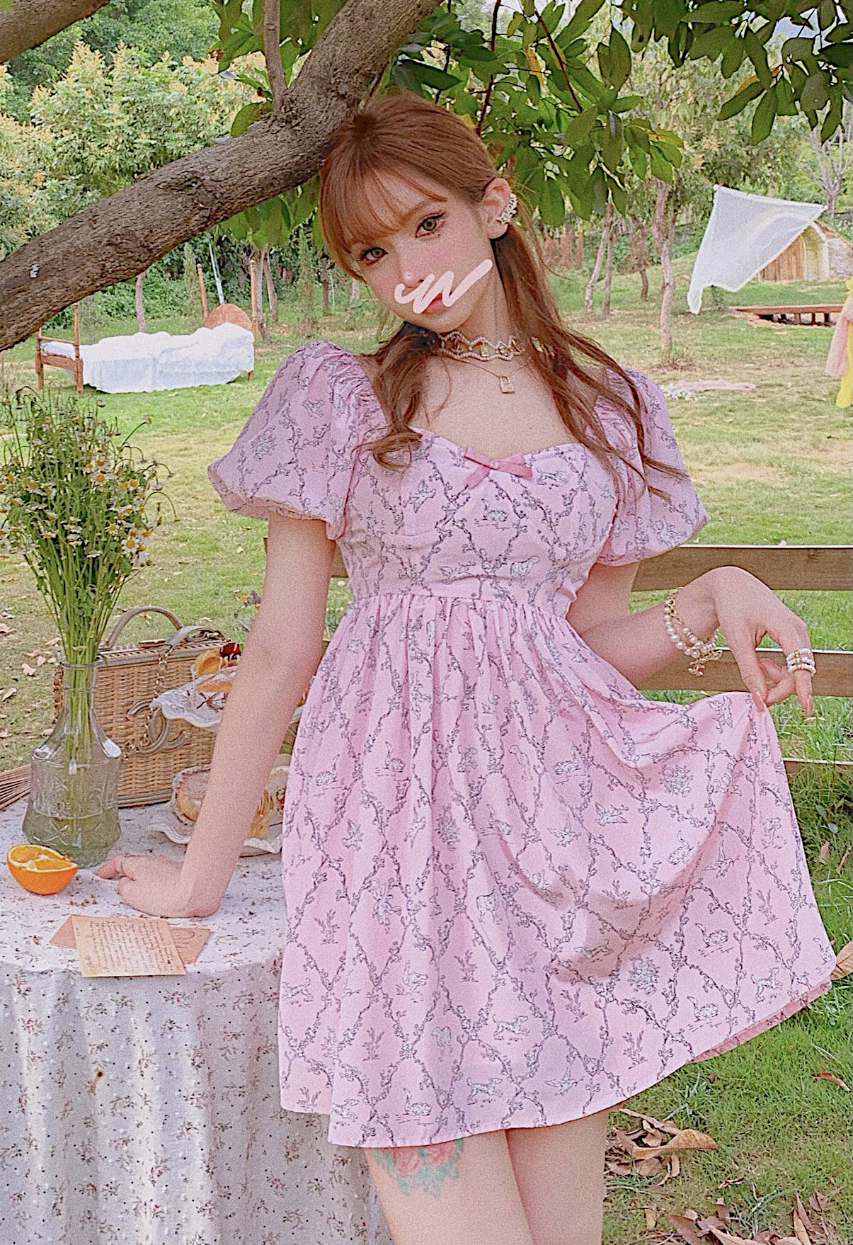 Girly Fancy Club : พรีออเดอร์ เดรสแฟชั่นไตล์หวาน แขนสั้น พิมพ์ลายตามแบบ แบรนด์แท้