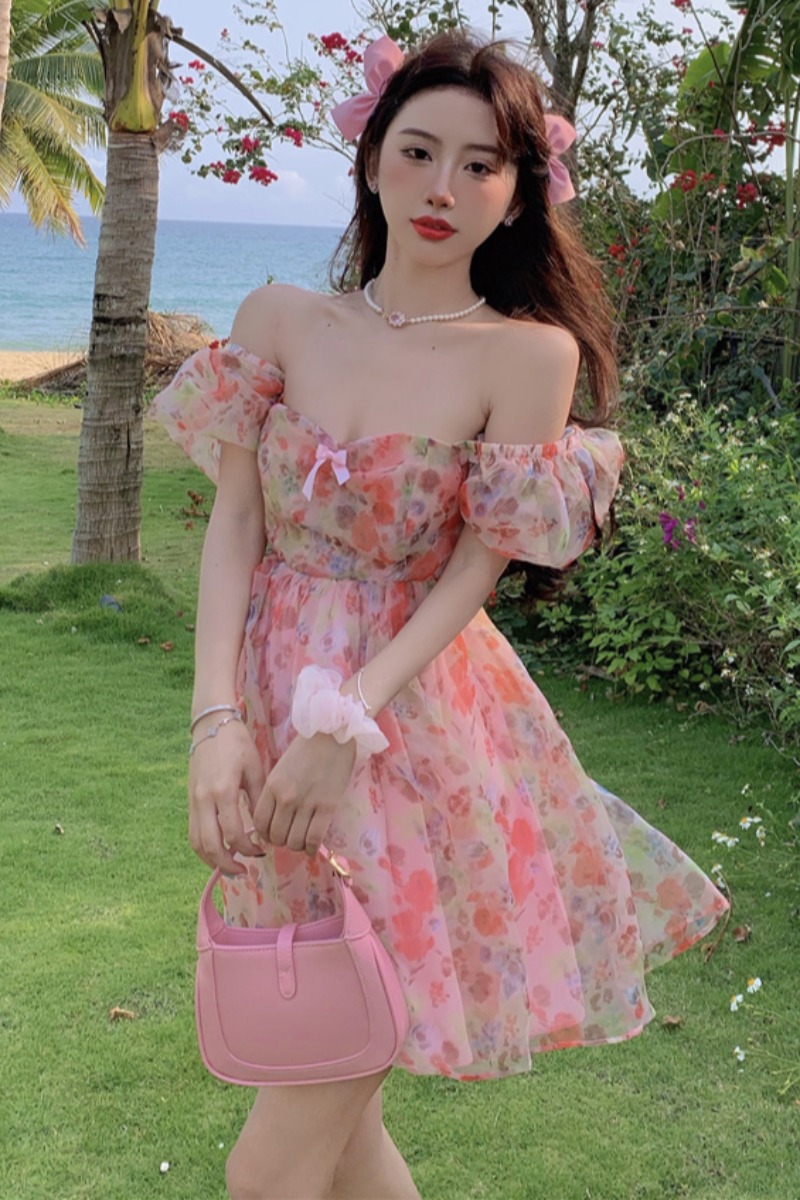 พรีออเดอร์ : เดรสสั้นชีฟองแฟชั่นลายดอกไม้ ทรงแขนพองน่ารักๆ