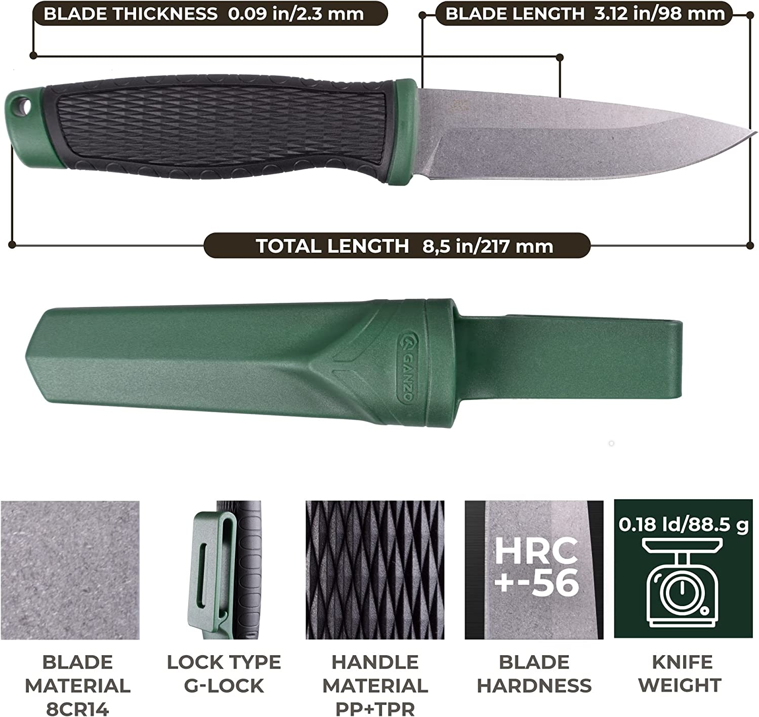 มีดใบตาย กานโซ่ Ganzo 806 Survival Fixed Blade Knives ของแท้ (เขียว)