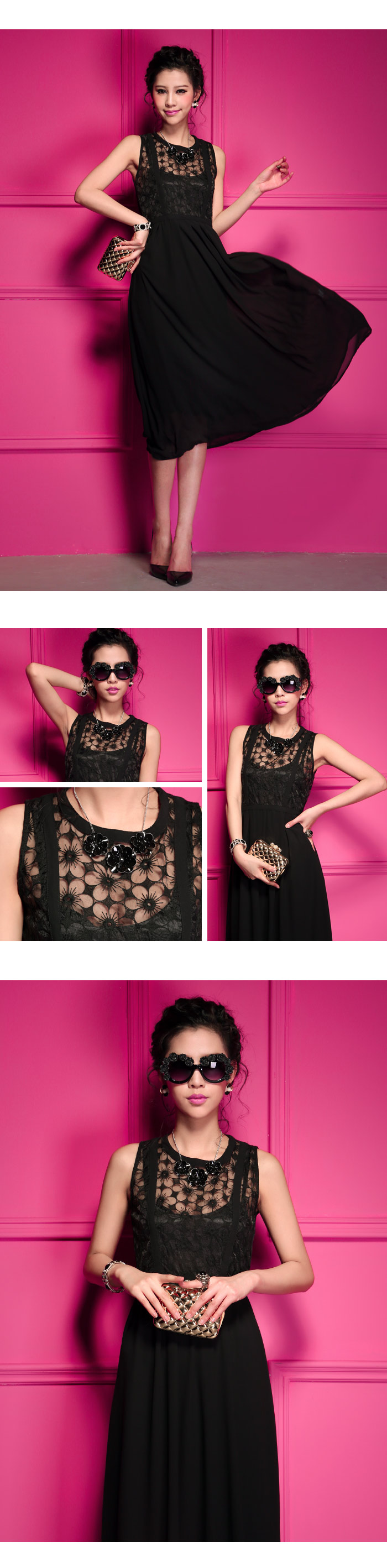 maxi dress ชุดเดรสยาวแฟชั่นแขนกุด ใส่ทำงาน กระโปรงผ้าชีฟอง แต่งโบว์ สีดำ ออกงานกลางวัน Asia Street Fashion