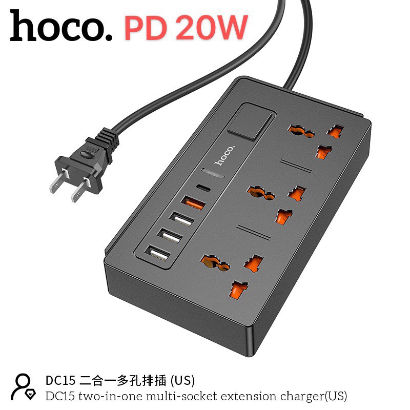 Hoco DC15 2in1 Multi-Socket Charger QC 3.0 PD 20W - รางปลั๊กไฟ ปลั๊กพ่วง 3 ช่อง และ USB 4 ช่อง PD 1 มีเทคโนโลยีชาร์จเร็วทั้ง PD 20W และ Quick Charge 3.0