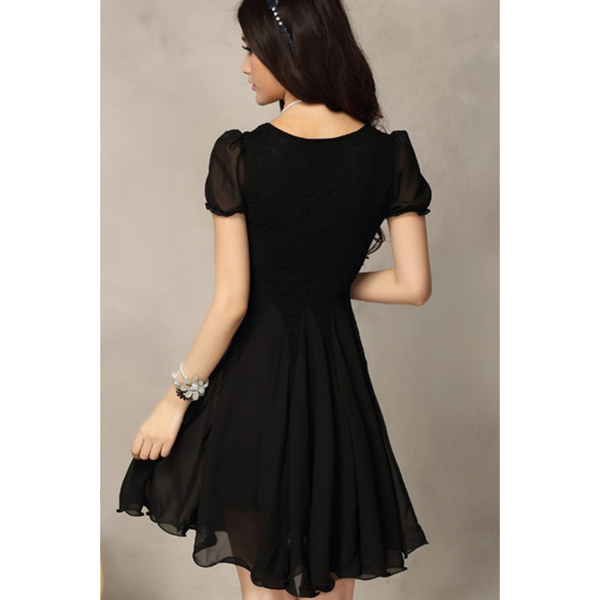 2015 Summer New style Women's Partysu Chiffon Slim Temperamentsweet Princess dress Lace Short sleeve Dresses For Women Trendy Fashion Style Onlinees (Black)