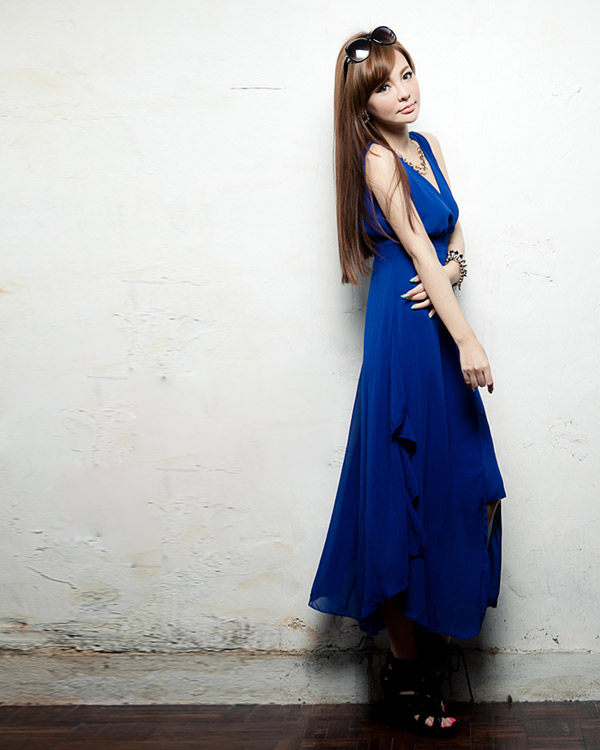 maxi dress - ชุดเดรสยาวแขนกุด คอวี สีน้ำเงิน ใส่เที่ยว ทำงาน ผ้าชีฟอง สามารถใส่ออกงานได้ Asia Street Fashion