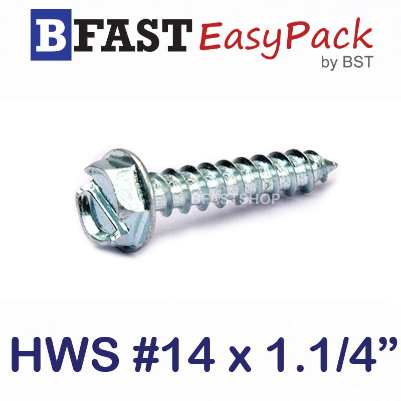 สกรูเกลียวเหล็กหัวเหลี่ยมผ่าติดแหวน HWS #14 x 1.1/4" (10 ตัว/ถุง)