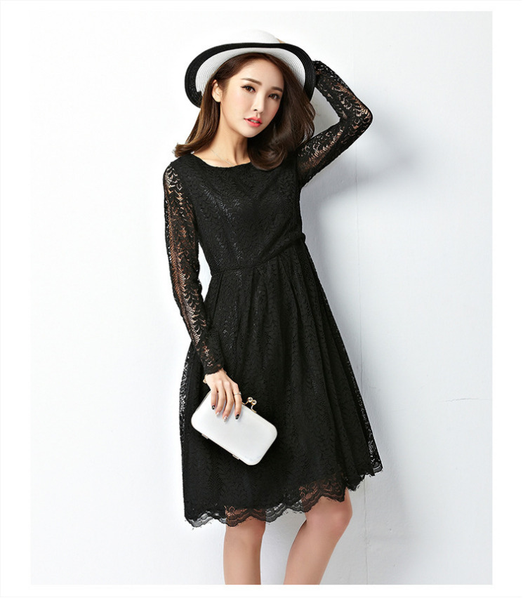 ชุดเดรสลูกไม้สีดำ แขนยาว กระโปรงทรงบาน แฟชั่นสาวออฟฟิศ ลุคเรียบร้อย สวยหวาน ดูดี