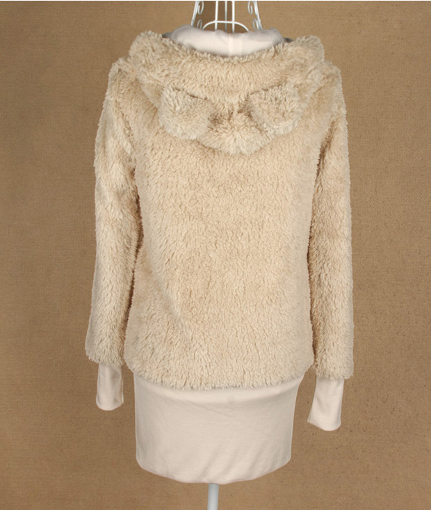 fashion เสื้อกันหนาวมีหมวก สีเบจ ขนปุย อุ่นๆ แฟชั่น น่ารักๆ