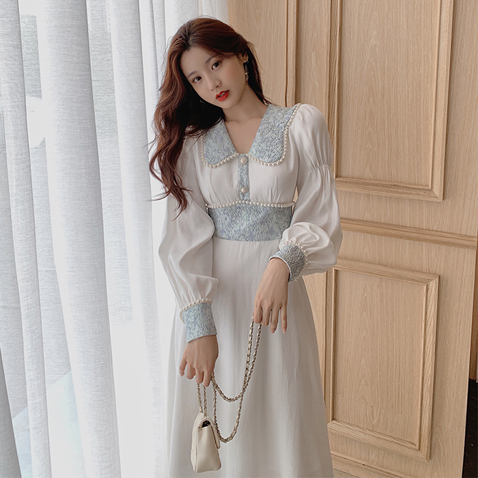 Palglg : พรีออเดอร์ เดรสยาวแฟชั่นแขนยาวสไตล์เกาหลีแบบสวยหวานแต่งมุกช่วงปกและเอว แบรนด์แท้