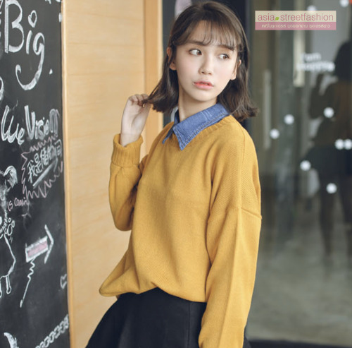Sweater เสื้อสเวทเตอร์แขนยาว สีเหลือง ทรงสวย จะใส่เดี่ยวไหรือใส่โค้ทคลุมก็เริ่ด