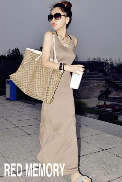 MAXI DRESS ชุดเดรสยาวใส่เที่ยว ทำงาน สีน้ำตาล แขนกุด เปิดหลัง ใส่ออกงานได้ เซ็กซี่ น่ารักๆ ASIA STREET FASHION