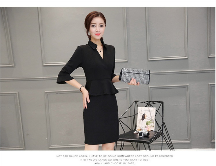 ชุดเดรสทำงานสีดำ เข้ารูป คอปก เอวแต่งระบาย แนวเรียบๆ สวยดูดี แฟชั่นชุดทำงานสไตล์ออฟฟิศ