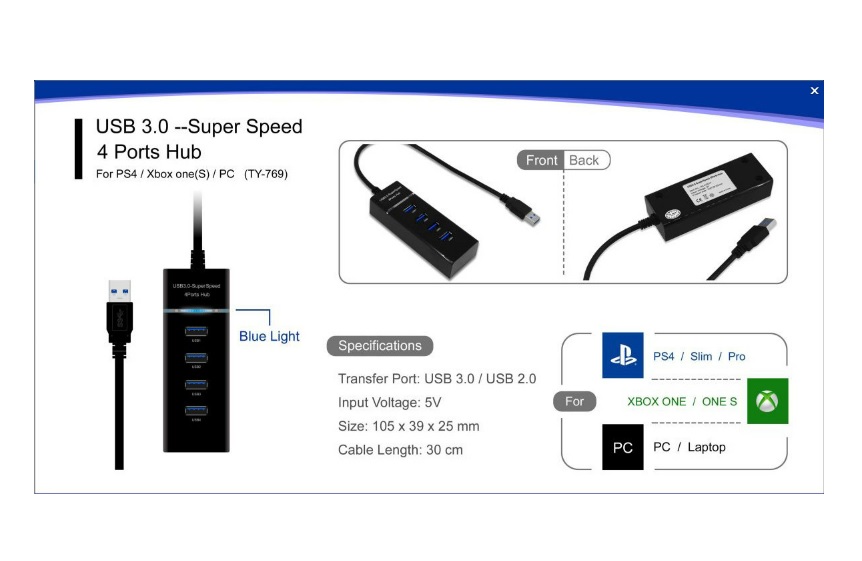 DOBE HUB USB 3.0 SuperSpeed 4 พอร์ทต่อ PS4 PS5 Xbox Switch