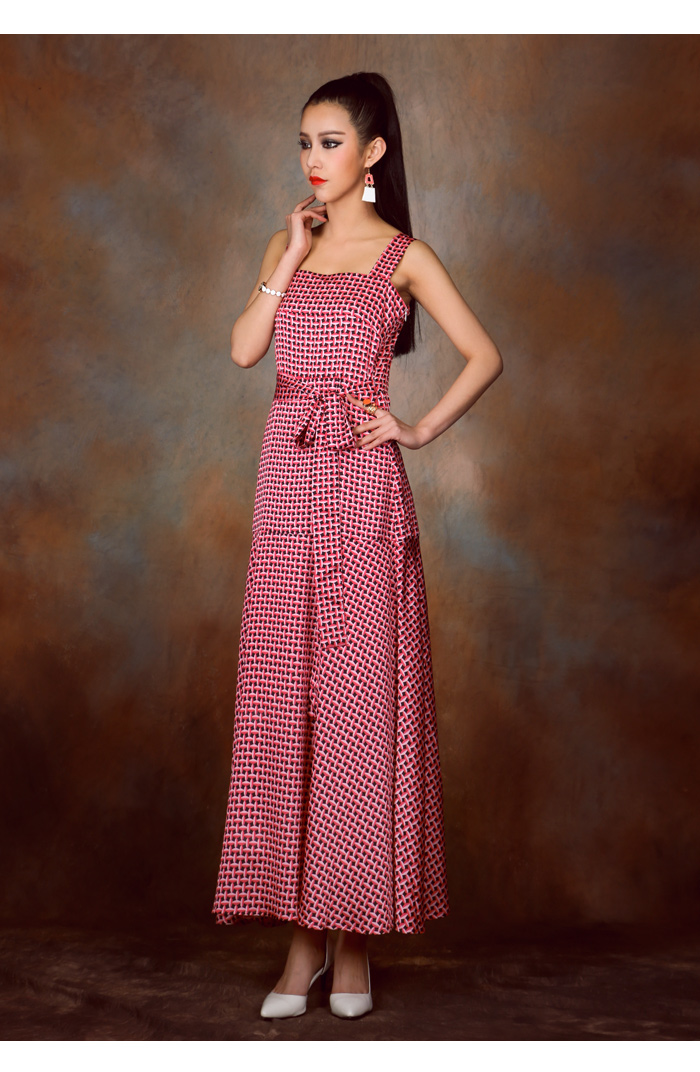 maxi dress - ชุดเดรสยาว ลายสีชมพู ดำ ใส่ออกงาน ใส่เที่ยว เชือกผูกเอว สวยๆ Asia Street Fashion