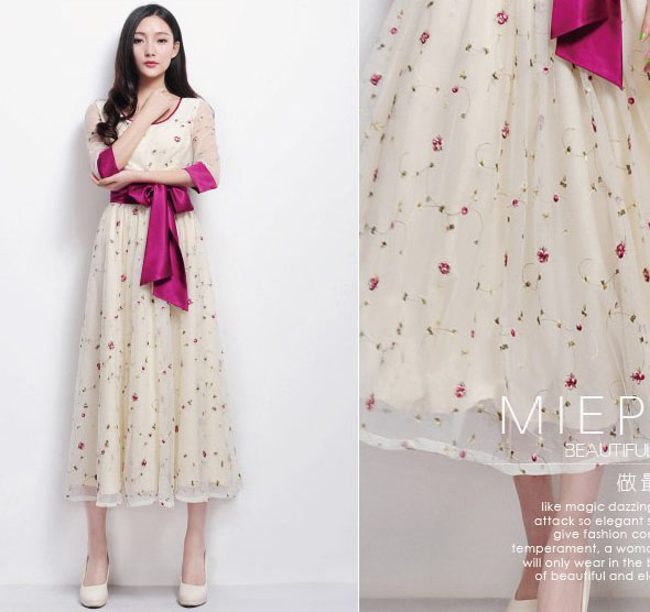 maxi dress เดรสยาว ออกงาน สีครีม จั๊มเอว ใส่ไปงานแต่งงาน น่ารัก สวยๆ