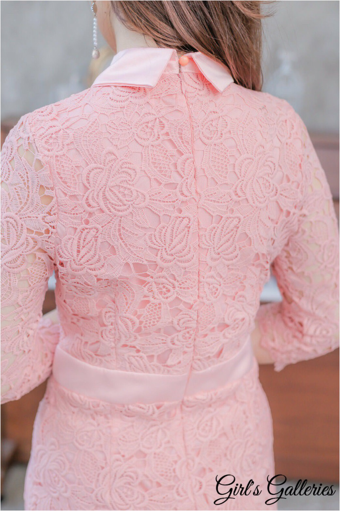 ชุดออกงาน/ชุดไปงานแต่งงานสีชมพูโอรส ผ้าลูกไม้ เข้ารูป สวยหวาน เรียบหรู