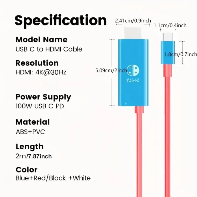 สาย HDMI ใช้แทน DOCK พกพาสะดวก สำหรับเครื่องเกม Nintendo Switch V1 V2 OLED รองรับ 4K 100W PD