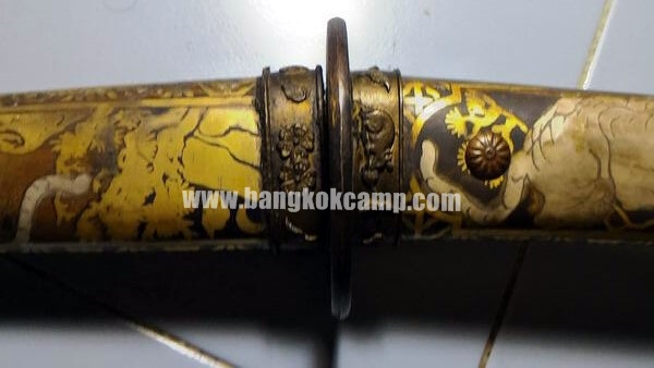 ดาบญี่ปุ่นลายเสือเล่มเล็ก ฮาราคีรี กระไหล่เงิน ใบมีดเป็นเหล็กลาย (ใบมีดดามัสกัส)