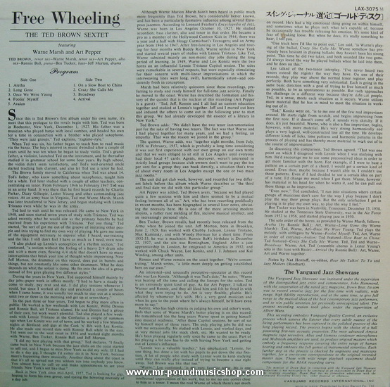The Ted Brown Sextet Featuring Warne Marsh & Art Pepper - Free Wheeling