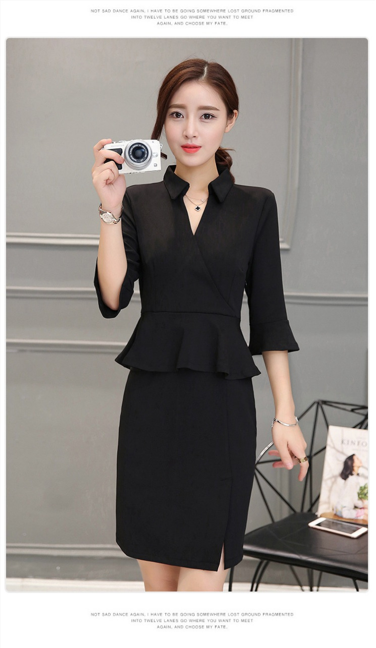 ชุดเดรสทำงานสีดำ เข้ารูป คอปก เอวแต่งระบาย แนวเรียบๆ สวยดูดี แฟชั่นชุดทำงานสไตล์ออฟฟิศ