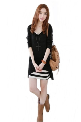 Fashionstory ชุดเซ็ตคู่ เสื้อกล้ามตัวยาว + เสื้อแขนยาวผ้ายืดผสมชีฟอง - สีดำ