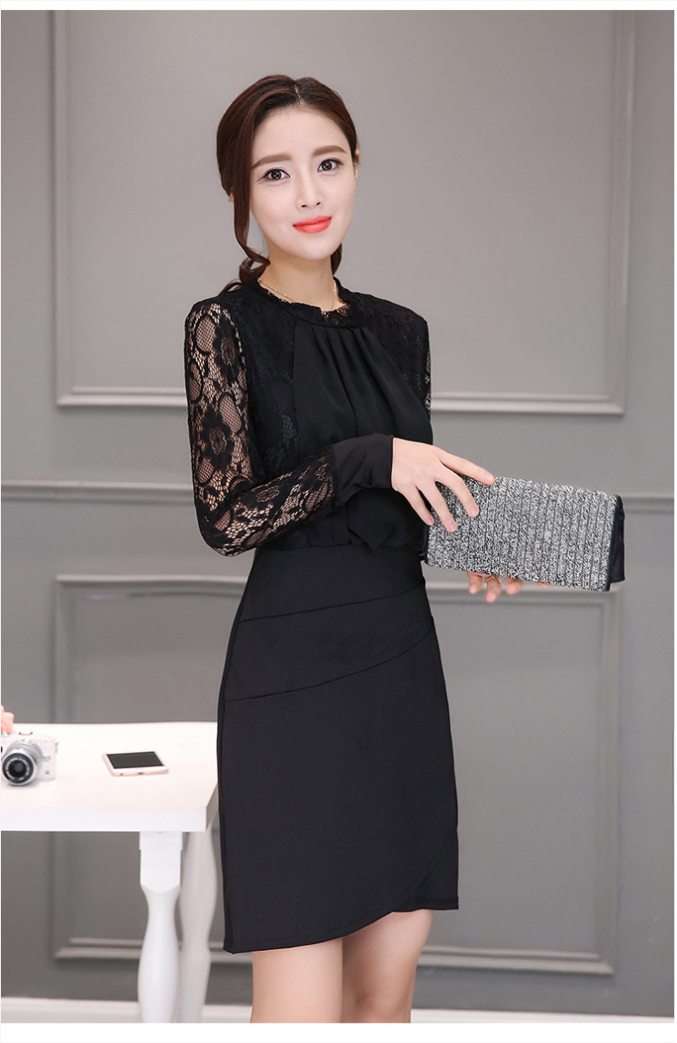 ชุดเดรสทำงานสีดำ เข้ารูป แขนยาว คอเต่า ลุคเรียบๆ สวย ดูดี