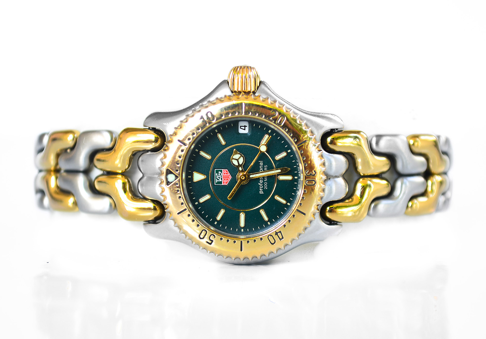 Tag Heuer 2tone ladysize quartz วงแหวน ก้างปลา หน้าปัดเขียว