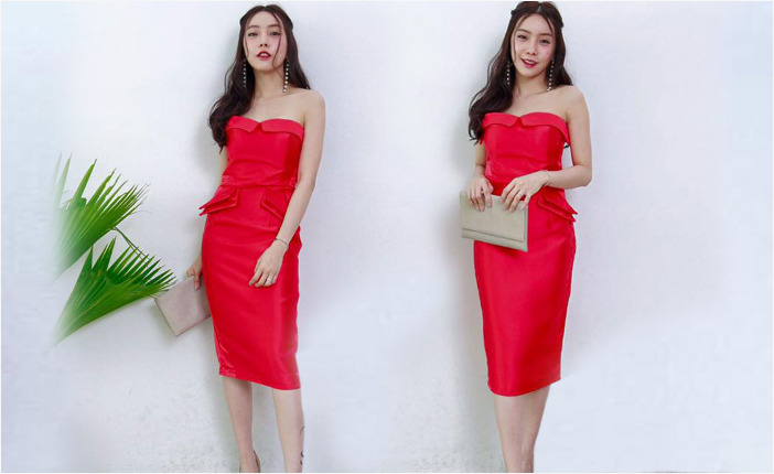 ชุดออกงาน ชุดไปงานแต่งงานสีแดง เดรสเกาะอก ผ้าไหมเทียม ลุคสวยหรู เซ็กซี่