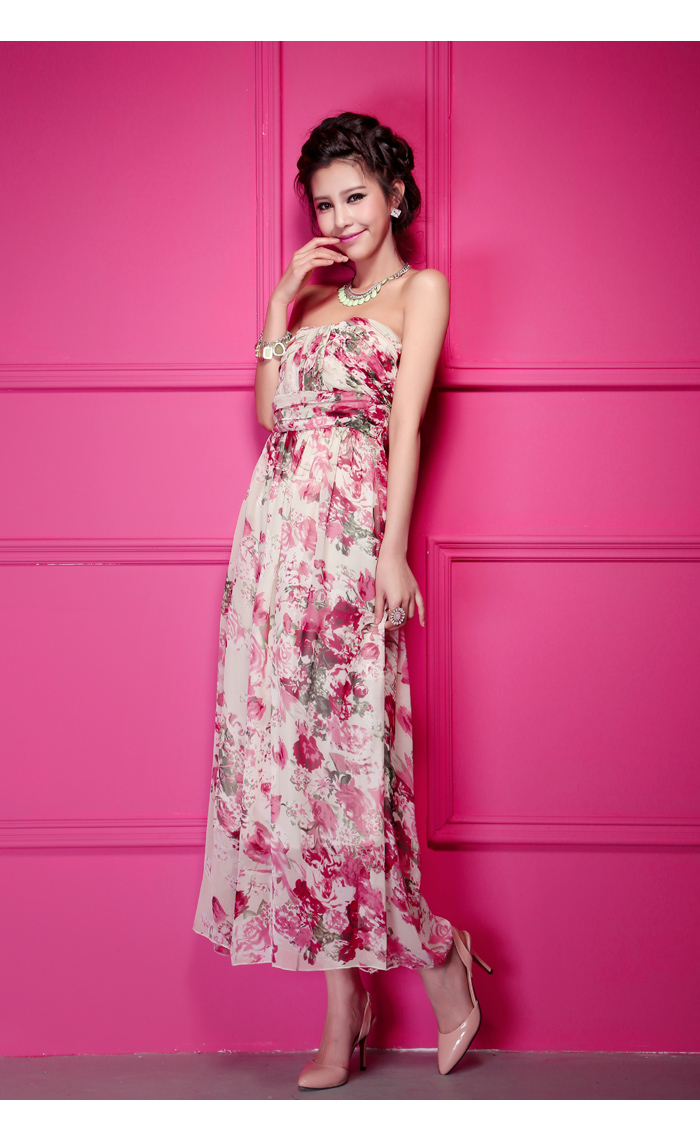 maxi dress ชุดเดรสยาวเกาะอก งานแต่งงาน ผ้าชีฟอง พื้นสีเบจลายดอกไม้สีชมพูเขียว ใส่ออกงาน น่ารัก สวยๆ Asia Street Fashion