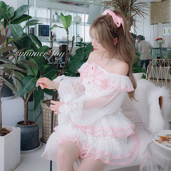 Summer Joy : พรีออเดอร์เดรสเกาะอกแฟชั่นสไตล์หวานแขนยาวน่ารักๆ ด้านหน้าแต่งแบบคอร์เซ็ทตามแบบ