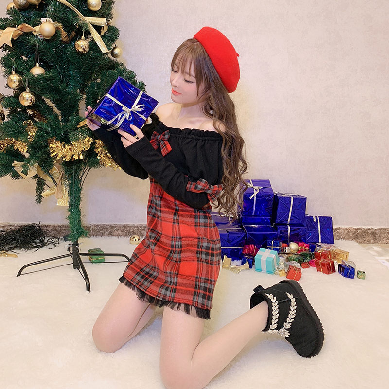 พรีออเดอร์ : เดรสแฟชั่นสไตล์ญี่ปุ่นเกาหลีแบบสวยหวานน่ารักๆ สีดำตัดแดงลายสก็อต