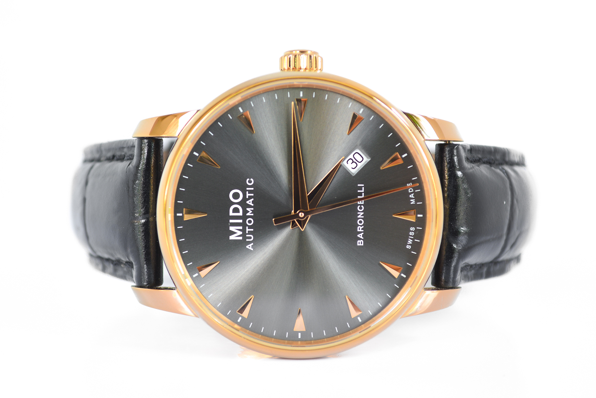 Mido Baroncelli Automatic date pink gold หน้าดำ สายหนัง