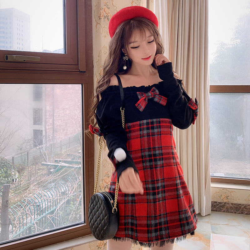 พรีออเดอร์ : เดรสแฟชั่นสไตล์ญี่ปุ่นเกาหลีแบบสวยหวานน่ารักๆ สีดำตัดแดงลายสก็อต