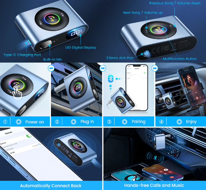 Joyroom JR-CB1 Bt 5.3 Wireless Bluetooth Car - บลูทูธติดรถยนต์ เขื่อมต่อมือถือใช้ในรถ,เครื่องเสียงบ้าน,หูฟัง,อุปกรณ์ต่าง
