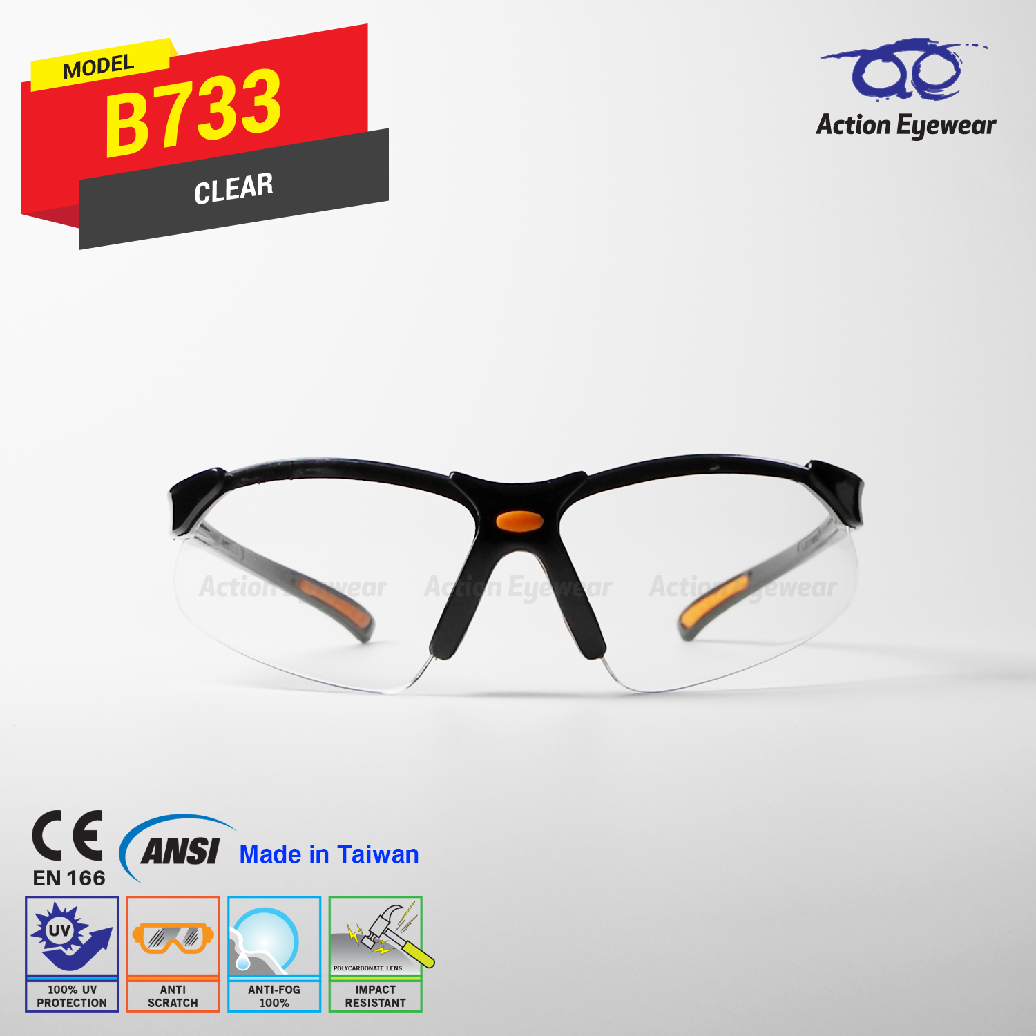 แว่นตานิรภัย รุ่น B733 (กันฝ้า 100%) เลนส์ใส